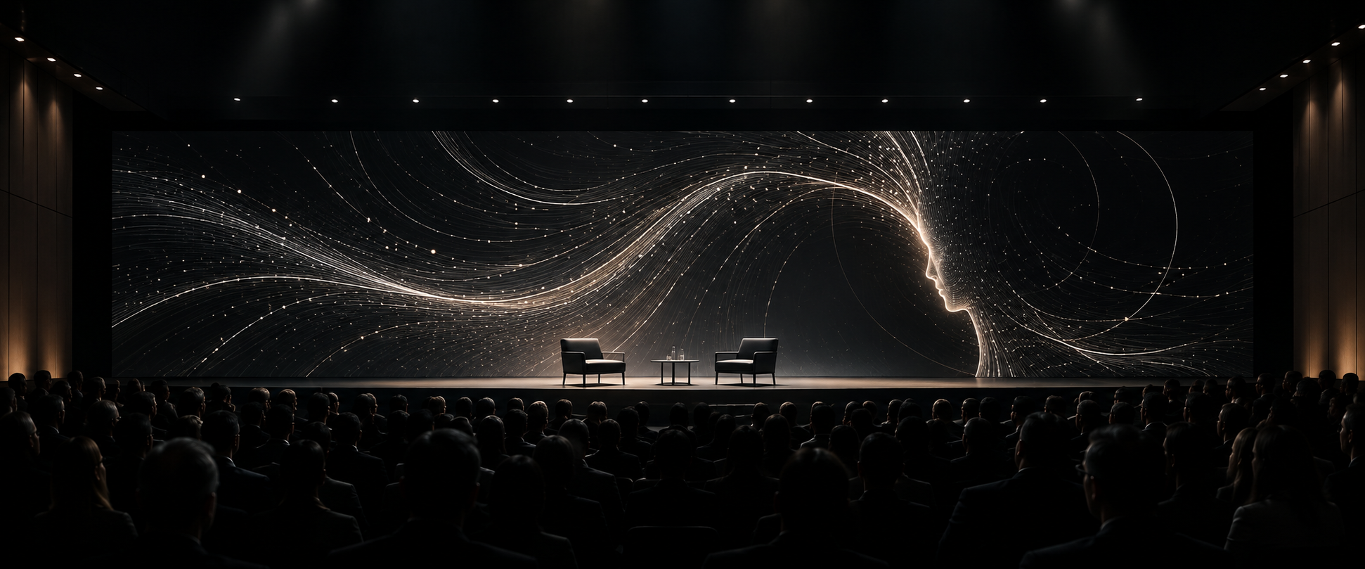 FORUM staged in a conference hall: two chairs before a vast screen of flowing light, facing a full audience