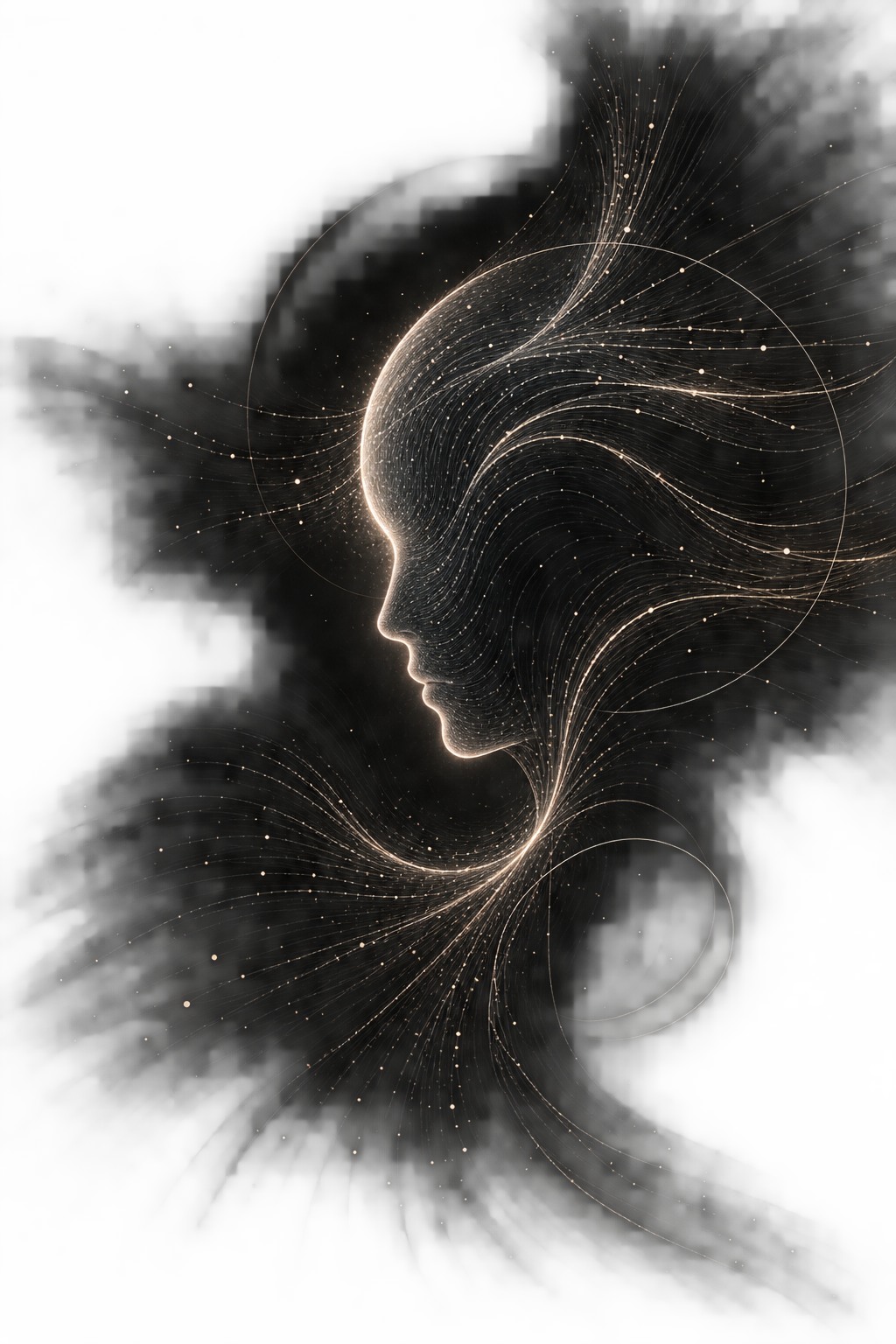 I-ONE, a luminous particle portrait of a face in profile